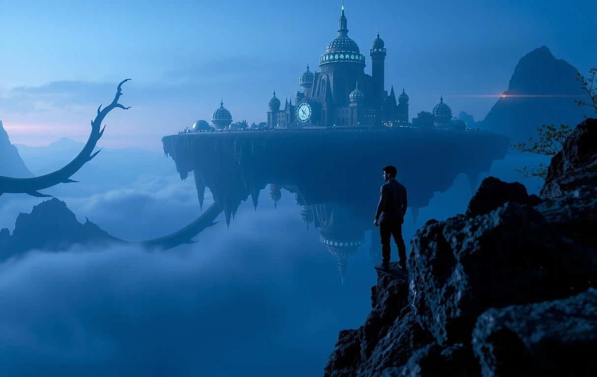 A cinematic concept render of a surreal gaming environment with floating islands and bioluminescent flora.